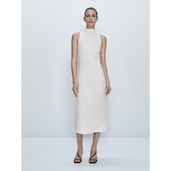 Massimo Dutti Textured Mock Neck Dress Sleeveless Turtleneck Midi, White - Picture 14 of 14